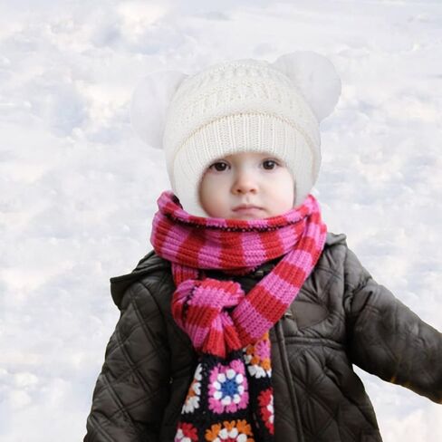 قبعة شتوية للأطفال الصغار قبعة دافئة متماسكة مبطنة بالصوف مع قبعة صغيرة بوم بوم مزدوجة قبعات ناعمة للأطفال الصغار (من سن 2 إلى 5 سنوات) in Kuwait