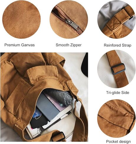 Canvas Messenger Bag Men and Women Canvas Bag Large Capacity Art Leisure Bag Multiple Pockets Canvas Shoulder Tote Bag in Kuwait