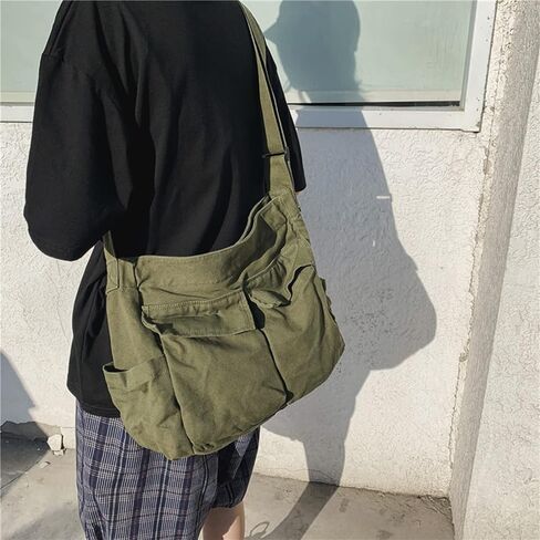 Canvas Messenger Bag Men and Women Canvas Bag Large Capacity Art Leisure Bag Multiple Pockets Canvas Shoulder Tote Bag in Kuwait