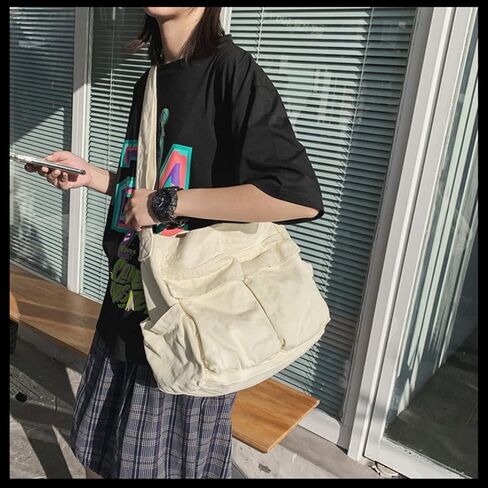 Canvas Messenger Bag Men and Women Canvas Bag Large Capacity Art Leisure Bag Multiple Pockets Canvas Shoulder Tote Bag in Kuwait