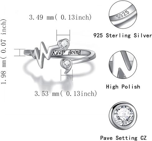 APOTIE Sterling Silver Semicolon Inspirational Ring - S925 Heartbeat Keep Going Rings Jewelry Gifts for Women Girls in Saudi Arabia