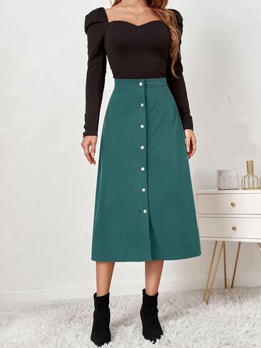 Shefae Women's Corduroy Midi Long Skirt Button Front High Waist A-Line Skirt in Saudi Arabia