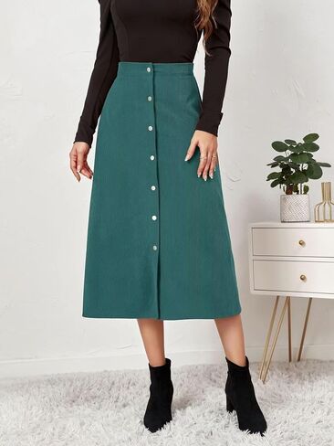 Shefae Women's Corduroy Midi Long Skirt Button Front High Waist A-Line Skirt in Saudi Arabia