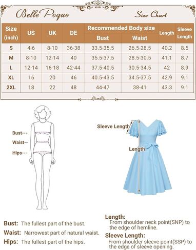 Belle Poque Women's Summer Short Puff Sleeve Cocktail Dress 1950s Vintage V-Neck A Line Swing Dresses with Belts in Saudi Arabia