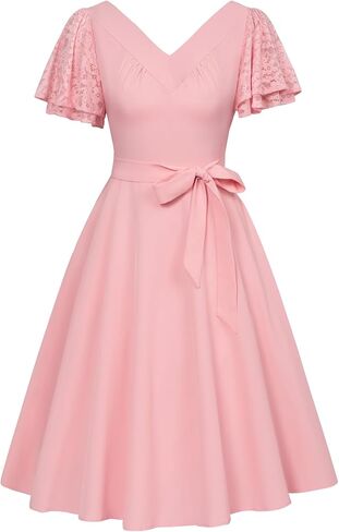 Belle Poque Women's Summer Short Puff Sleeve Cocktail Dress 1950s Vintage V-Neck A Line Swing Dresses with Belts in Saudi Arabia