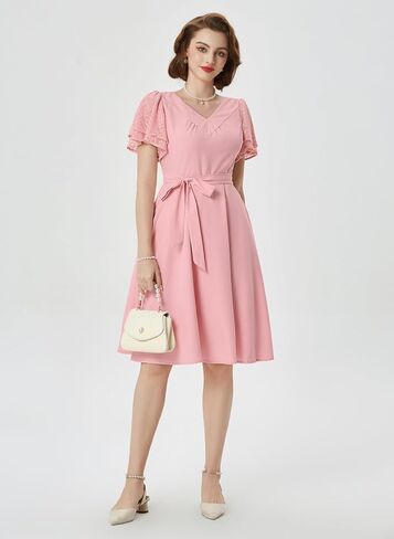 Belle Poque Women's Summer Short Puff Sleeve Cocktail Dress 1950s Vintage V-Neck A Line Swing Dresses with Belts in Saudi Arabia