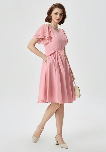 Belle Poque Women's Summer Short Puff Sleeve Cocktail Dress 1950s Vintage V-Neck A Line Swing Dresses with Belts in Saudi Arabia
