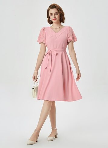 Belle Poque Women's Summer Short Puff Sleeve Cocktail Dress 1950s Vintage V-Neck A Line Swing Dresses with Belts in Saudi Arabia