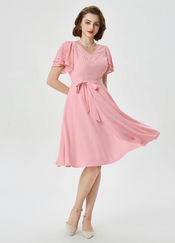 Belle Poque Women's Summer Short Puff Sleeve Cocktail Dress 1950s Vintage V-Neck A Line Swing Dresses with Belts in Saudi Arabia