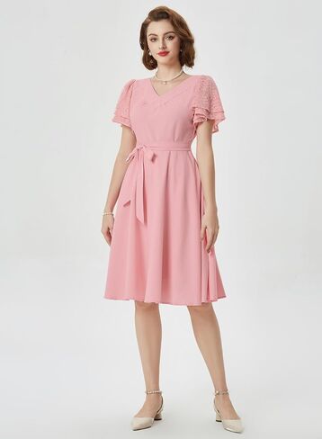 Belle Poque Women's Summer Short Puff Sleeve Cocktail Dress 1950s Vintage V-Neck A Line Swing Dresses with Belts in Saudi Arabia