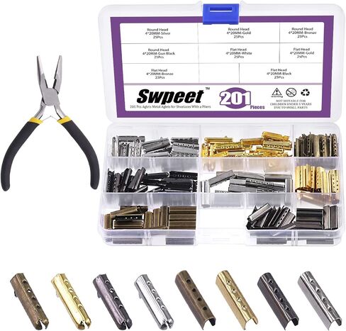 Swpeet 201Pcs 3/4 Inch - 20mm 4 Colors Metal Aglets Shoelace Tips with Flat Nose Pliers Assortment Kit, Head Aglets Replacement Tips in Saudi Arabia