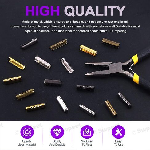 Swpeet 201Pcs 3/4 Inch - 20mm 4 Colors Metal Aglets Shoelace Tips with Flat Nose Pliers Assortment Kit, Head Aglets Replacement Tips in Saudi Arabia