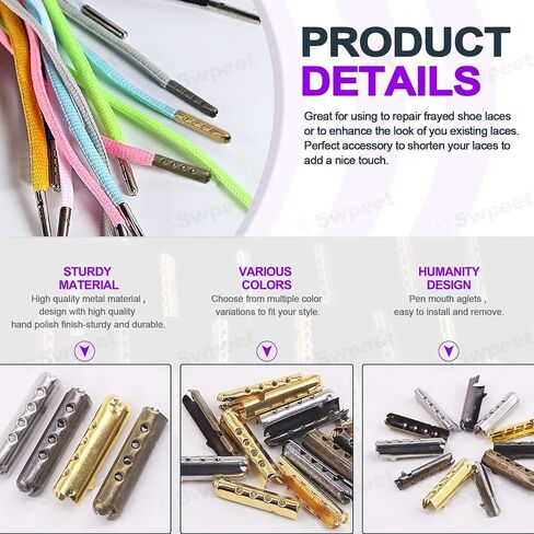 Swpeet 201Pcs 3/4 Inch - 20mm 4 Colors Metal Aglets Shoelace Tips with Flat Nose Pliers Assortment Kit, Head Aglets Replacement Tips in Saudi Arabia