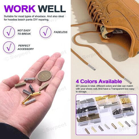 Swpeet 201Pcs 3/4 Inch - 20mm 4 Colors Metal Aglets Shoelace Tips with Flat Nose Pliers Assortment Kit, Head Aglets Replacement Tips in Saudi Arabia