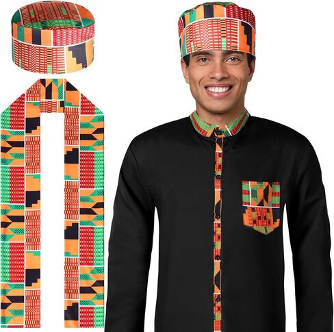 Hicarer 3 Pcs African Kente Pattern Men Costume Long Sleeve Button Shirt Kufi Hat Scarf Sash Outfit for Black History Month in Saudi Arabia
