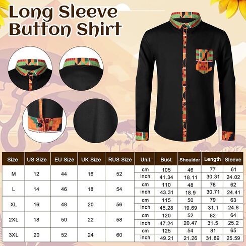 Hicarer 3 Pcs African Kente Pattern Men Costume Long Sleeve Button Shirt Kufi Hat Scarf Sash Outfit for Black History Month in Saudi Arabia