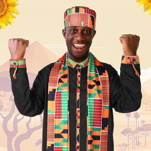 Hicarer 3 Pcs African Kente Pattern Men Costume Long Sleeve Button Shirt Kufi Hat Scarf Sash Outfit for Black History Month in Saudi Arabia