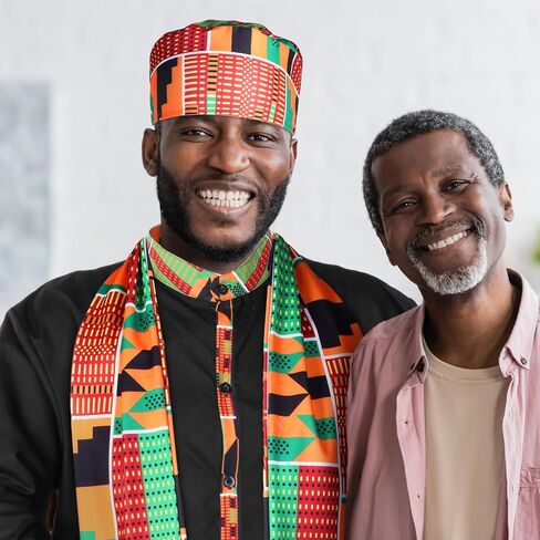 Hicarer 3 Pcs African Kente Pattern Men Costume Long Sleeve Button Shirt Kufi Hat Scarf Sash Outfit for Black History Month in Saudi Arabia