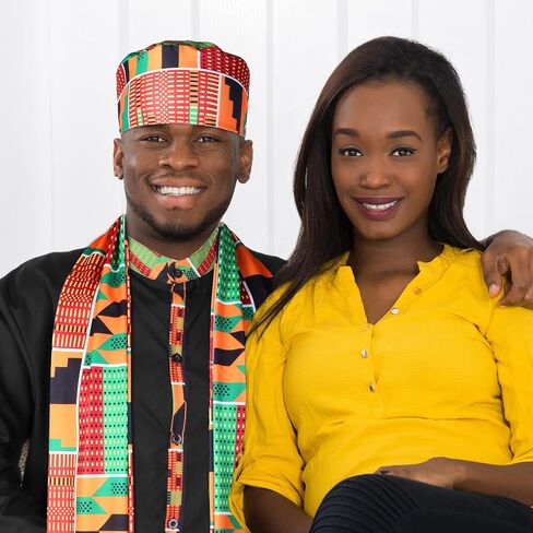 Hicarer 3 Pcs African Kente Pattern Men Costume Long Sleeve Button Shirt Kufi Hat Scarf Sash Outfit for Black History Month in Saudi Arabia