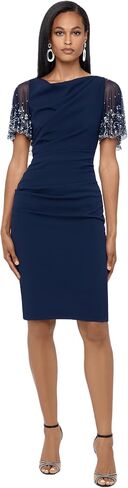 Betsy & Adam Women's Petite Short Scuba Crepe Dress with Beaded Sleeve in Saudi Arabia