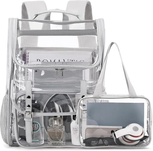 DIGOBAY Clear Backpack with Lunch Bag, Leather Clear Bookbag Heavy Duty | Thick PVC Clear Backpack for Girls Women See Through Transparent Backpacks for Stadium Events College Travel Work, Beige in Kuwait