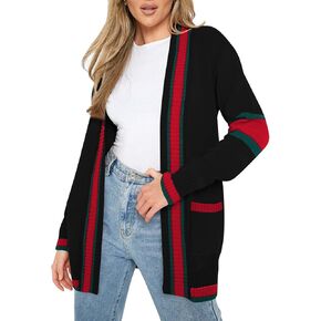 سترة نسائية من HACOPE محبوكة كبيرة الحجم ومخططة بلون مغاير وثنيات كيمونو وأكمام طويلة مفتوحة من الأمام سترة كاجوال ملابس خارجية أسود L in Kuwait