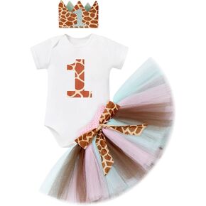 AWIBMK Baby Girl 1st Birthday Outfit Cow Giraffe Romper Tutu Skirt Headband Cake Smash Photo Shoot 3Pcs Clothes Set in Saudi Arabia