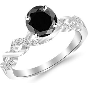 1.13 Carat 14K White Gold Twisting Infinity Gold and Diamond Split Shank Pave Set Diamond Engagement Ring with a 1 Carat Black Diamond Center (Heirloom Quality)