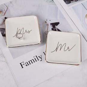 Mr and Mrs Ring Dish MR&MRS Jewelry Dishes Ceramic Jewelry Holder 2PCS Heart Shape Ring Holder for Wedding Engagement Valentine's Day Gift