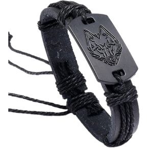 Wolf Bracelet for Men and Women Adjustable Braided Leather Yak Bone Carved Wolf Head Viking Vintage Woven Rope Leather Bracelets Unisex Jewelry Gift