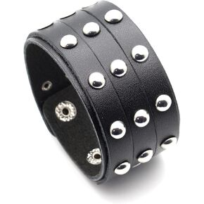 Xusamss Punk Rock Three Row Rivet Wristband Wide Leather Cuff Bracelet
