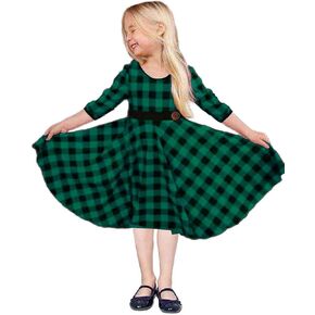 LuckyShe Girls Christmas Dress 3/4 Sleeve Buffalo Plaid Casual Tunic Dresses with Pockets