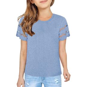 تي شيرت للفتيات من Geckatte بأكمام قصيرة وفتحة رقبة مستديرة للصيف كاجوال سادة أساسي تي شيرت علوي من 5 إلى 14 سنة in Kuwait