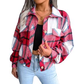 Malajisi Womens Casual Plaid Shacket Long Sleeve Wool Blend Button Down Shirt Jacket Tops