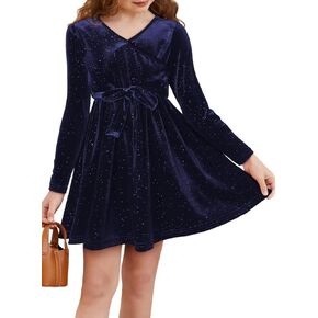 فستان DOKOTOO KIDS للفتيات برقبة على شكل حرف V وأكمام طويلة للحفلات مزين بالترتر مع حزام in Kuwait