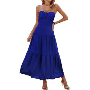ECOWISH Women's Summer Strapless Dress Maxi Off Shoulder Hollow Out Smocked A Line Tube Tiered Long Dresses