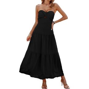 ECOWISH Women's Summer Strapless Dress Maxi Off Shoulder Hollow Out Smocked A Line Tube Tiered Long Dresses in Saudi Arabia