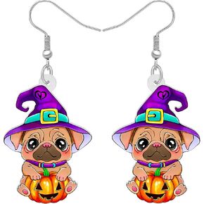 RAIDIN Acrylic Creative Cute Halloween Dog with Pumpkin Earrings for Women Girls Wizard Hat Puppy Dangle Hook Earrings Jewelry Gifts for Pets Lovers