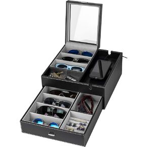 HOUNDSBAY Lookout Sunglasses and Eyeglasses Organizer Storage Display Case Dresser Valet Box Charging Station (Black/Gray)