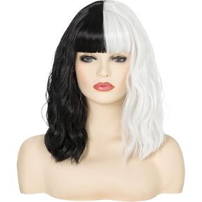 شعر مستعار أبيض وأسود مع شعر مستعار للنساء يجب أن يطول الشعر المتموج الصناعي بوب المستعار للنساء زي تنكري لحفلات الهالوين للارتداء اليومي 40.64 سم in Kuwait