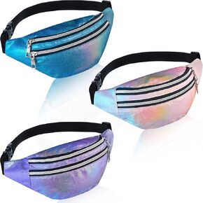 3 Pieces Holographic Fanny Pack for Women Men Kids, Metallic Color Sport Waistbag with Pouches and Adjustable Belt, Hologram PU Waist Pack for Traveling, Running, Partying (Purple, Black, Silver)