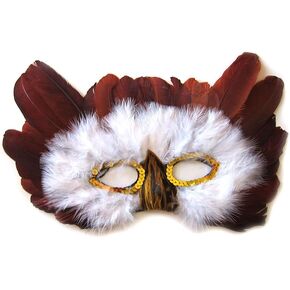 SACASUSA Feather OWL Costume Mask Halloween Mardi Gras n Grey, White and Brown