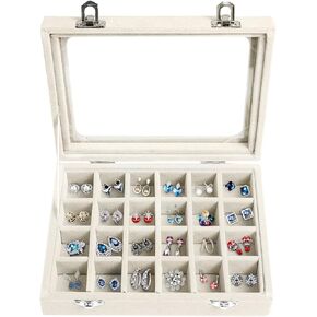 Jewelry Box 24 Grid Velvet Earrings Holder Tray Detachable Earring Ring Case Jewelry Showcase Glass Clear Lid Organizer Jewelry Display Storage Ring Trays (Beige)