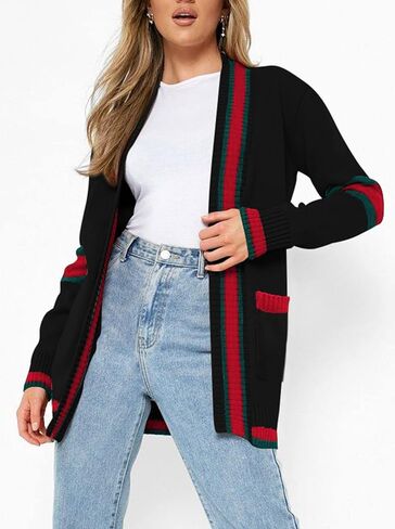 سترة نسائية من HACOPE محبوكة كبيرة الحجم ومخططة بلون مغاير وثنيات كيمونو وأكمام طويلة مفتوحة من الأمام سترة كاجوال ملابس خارجية أسود L in Kuwait