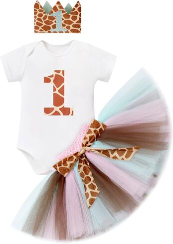 AWIBMK Baby Girl 1st Birthday Outfit Cow Giraffe Romper Tutu Skirt Headband Cake Smash Photo Shoot 3Pcs Clothes Set in Kuwait