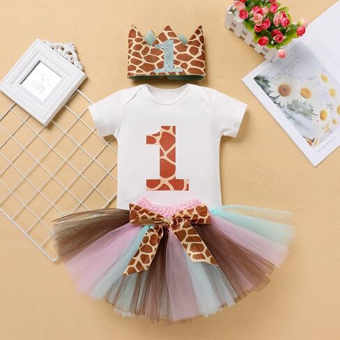 AWIBMK Baby Girl 1st Birthday Outfit Cow Giraffe Romper Tutu Skirt Headband Cake Smash Photo Shoot 3Pcs Clothes Set in Kuwait