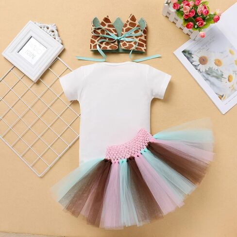 AWIBMK Baby Girl 1st Birthday Outfit Cow Giraffe Romper Tutu Skirt Headband Cake Smash Photo Shoot 3Pcs Clothes Set in Kuwait