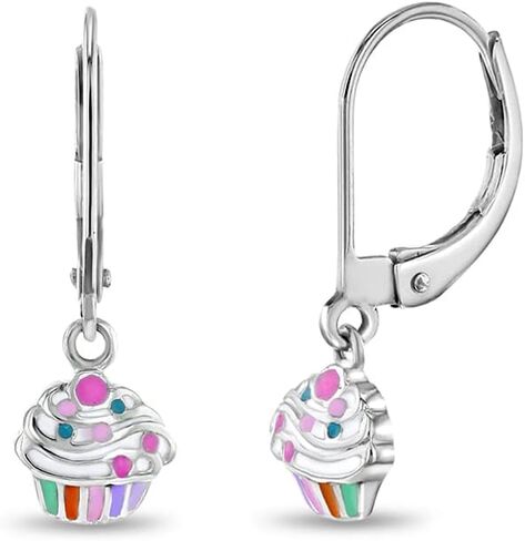 925 Sterling Silver Multicolor Rainbow Cupcake Lever Back Earrings For Girls & Pre-Teens- Colorful Dangle Earrings - Fun and Fashionable Lever Back For Little Girls in Saudi Arabia