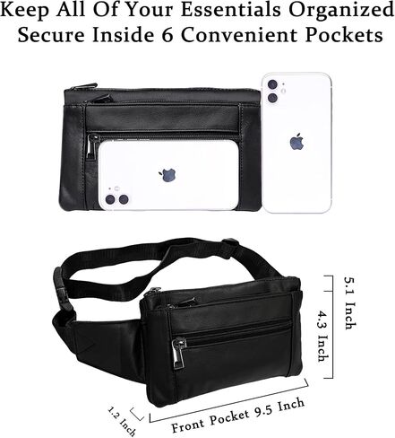 Fanny Pack, Genuine Leather Fanny Pack For Women Or Men, Large Cowhide 6 Zipper Pockets With Adjustable Strap Of Belt Waist Pack For Daily Life，Travelling， Running, Hiking in Saudi Arabia