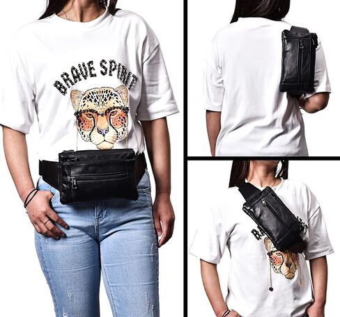 Fanny Pack, Genuine Leather Fanny Pack For Women Or Men, Large Cowhide 6 Zipper Pockets With Adjustable Strap Of Belt Waist Pack For Daily Life，Travelling， Running, Hiking in Saudi Arabia